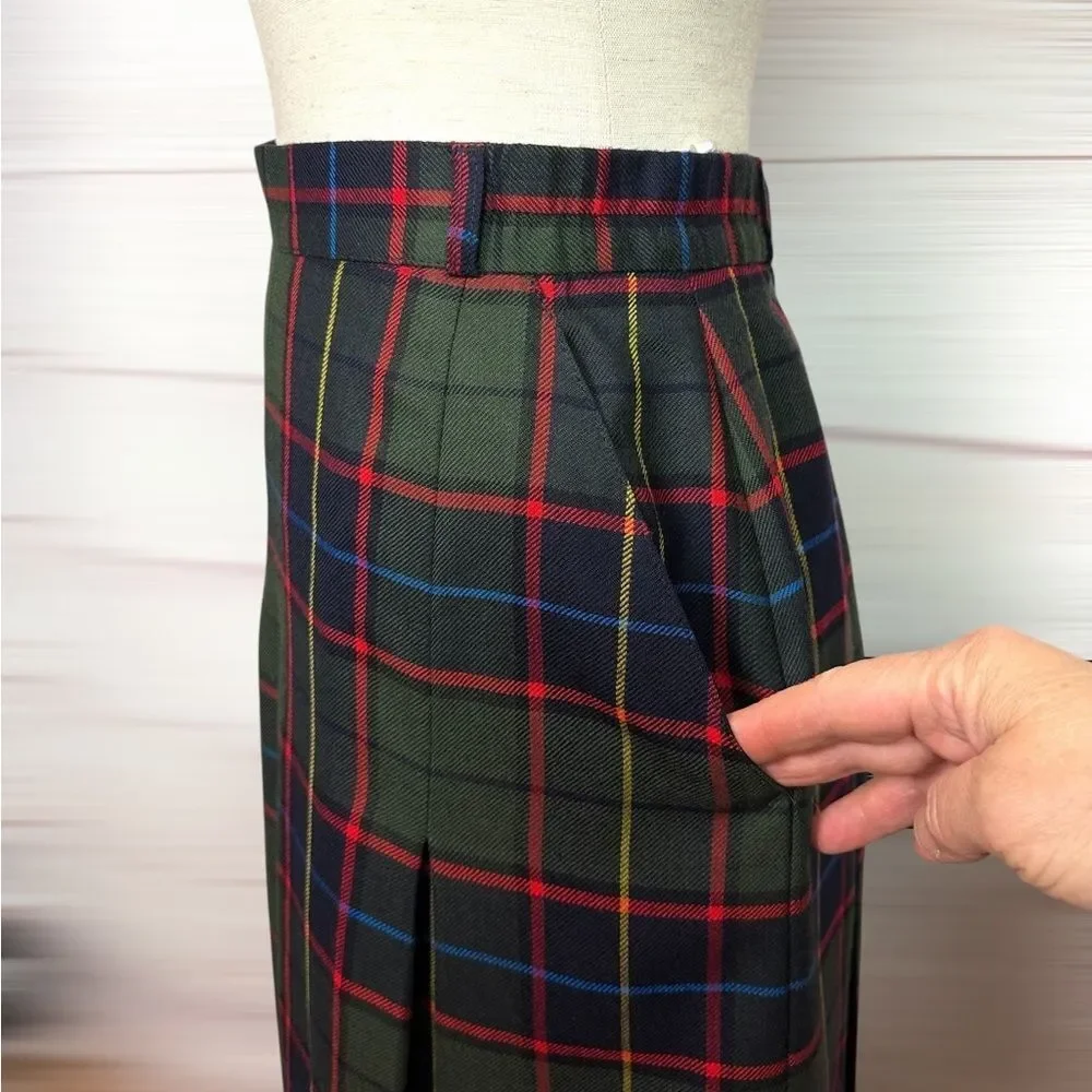 Vintage Midi Tartan Pleated Skirt Green Wool Pockets BIANCA Germany 36 US 6